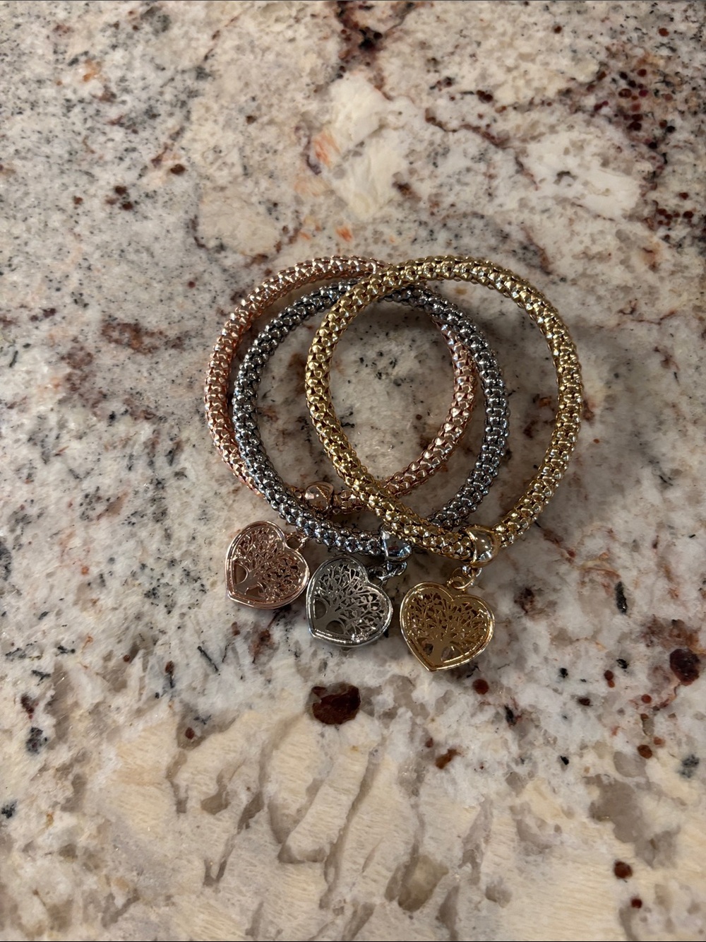 Tri-Tone Heart Charm Stretch Bracelet Set - Rose Gold, Silver & Gold